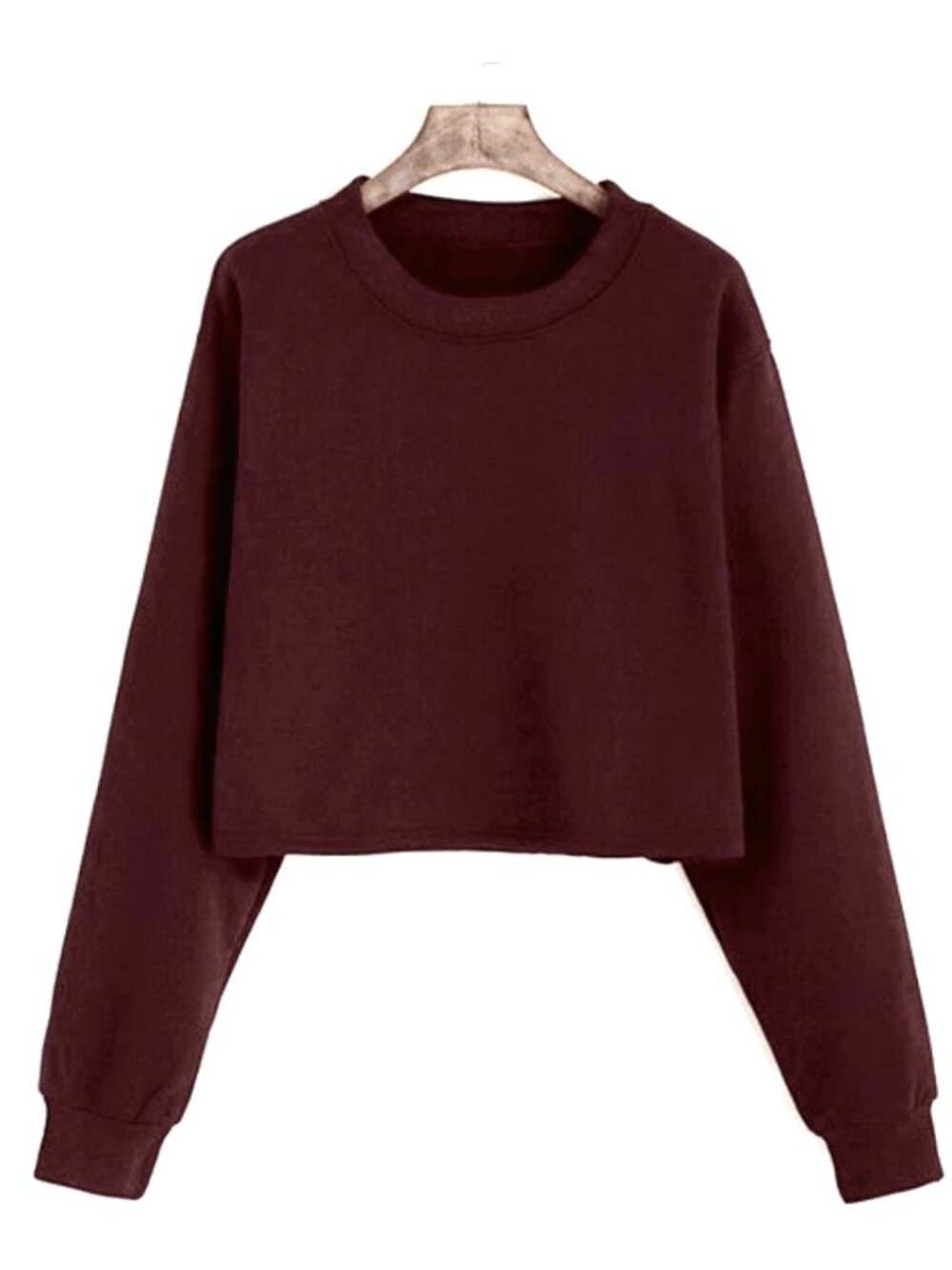 Cropped Crewneck Sweatshirt – Cutoff Hem Maroon Burgundy Athleisure